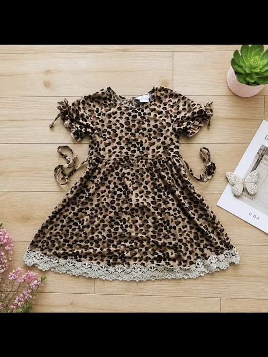Rare Editions Girls Leopard Print Dress Lace Hem Short Sleeve Tie Waist