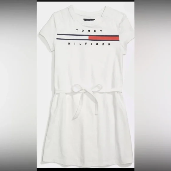 Tommy Hilfiger Girls Size 4 T-Shirt Dress White Red Blue Cotton Short Sleeve
