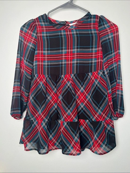 Draper James girls-XS Holliday Red and Black Plaid Tiered Long Sleeve dress.