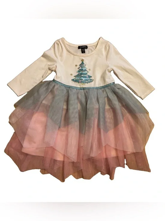 Zunie Little Girls Cream Long-Sleeve Dress with Pastel Tulle Skirt - Size 2