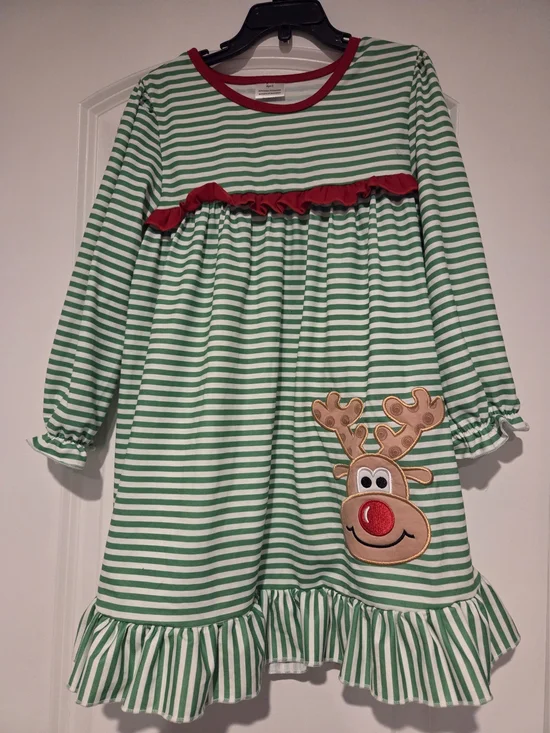 Girls' Green & White Stripe Reindeer Dress with Red Trim