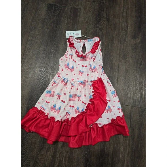 Pete + Lucy Girls Patriotic Flag Gingham Ruffle Dress Red White Blue 12-18 Month