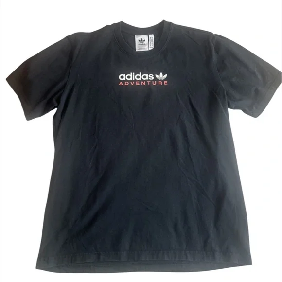Adidas Adventure men's black graphic t-shirt‎ with Trefoil logo on chest.Size M