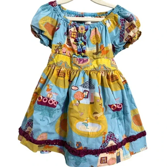 Matilda Jane Blue Yellow Farmhouse House Print Girls Dress Size 4 Flutter Sleeve