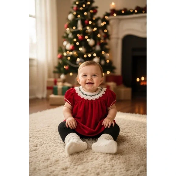 Vintage Baby Girl Christmas Dress Red Holly Embroidery 12M velvet Union Made USA