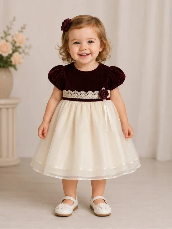 ROSE COTTAGE Burgundy and Ivory Velvet Tulle 2T Toddler Tie Back Dress with Lace