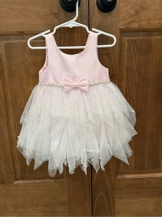 American Princess Toddler Pink & White Tulle Pearl Bow Formal Dress, 18 Months