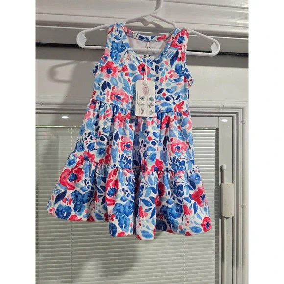 Pete + Lucy Baby Girls Watercolor Floral Tiered Sleeveless Dress Blue Pink 0-6M