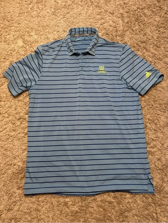 adidas Seaview Golf Club Men’s Light Blue & Navy Striped Polo with Neon Logo