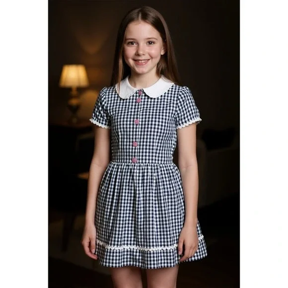 Pumpkin Patch Dress Girls Size 6 Blue Gingham Check Sleeveless Collared preppy