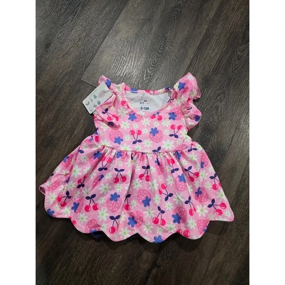 Pete + Lucy Baby Girl Pink Strawberry Cherry Floral Dress Bloomer Set 9-12M NWT