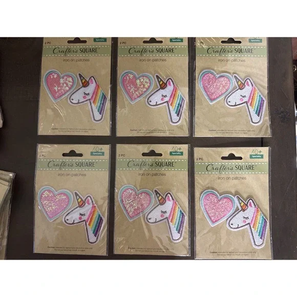 Crafter's Square 6 Pack Unicorn and Sequin Heart Iron On Patches Rainbow Pink