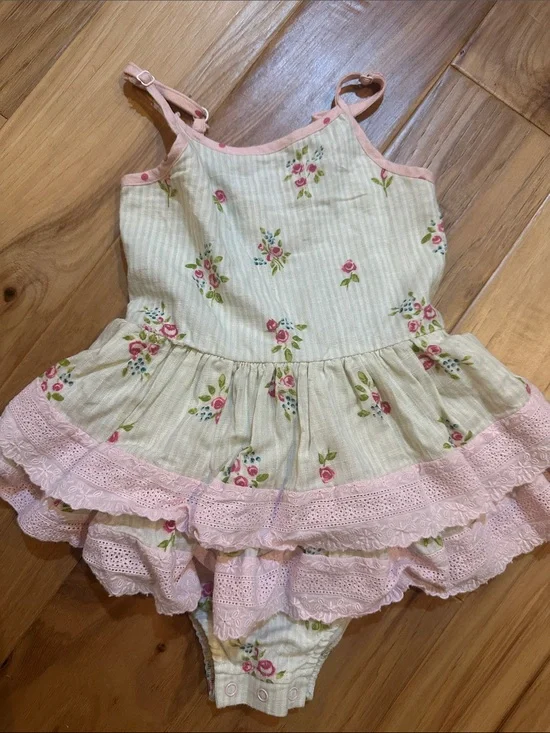 SweetHoney Cream Dress with Pink Trim and Floral Accents