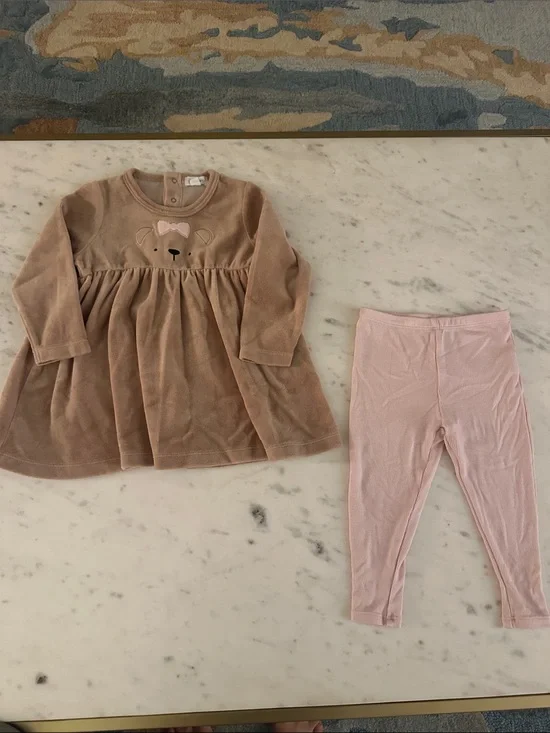 Angel Dear Taupe Bear Velvet Dress with Light Pink Leggings