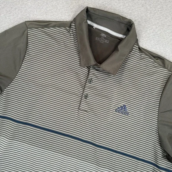 Adidas Mens XL Golf Polo Shirt Olive Green Striped Performance Short Sleeve