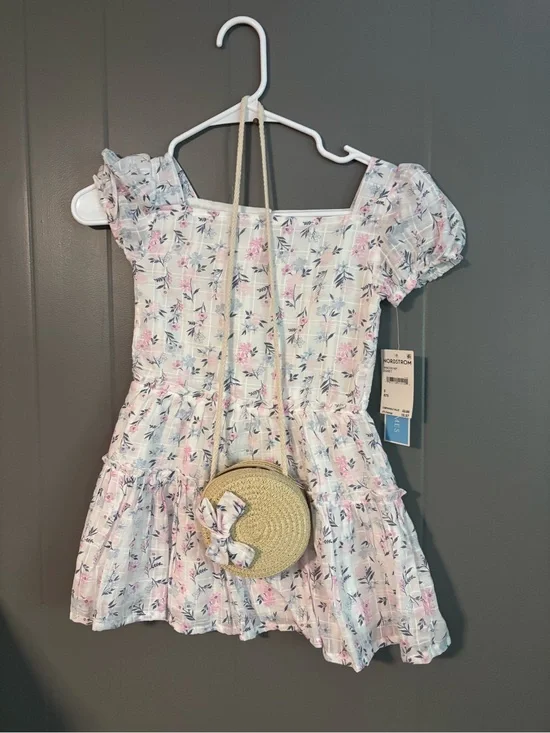 Draper James White Floral Puff-Sleeve Tiered Dress with Pink and Blue Accents