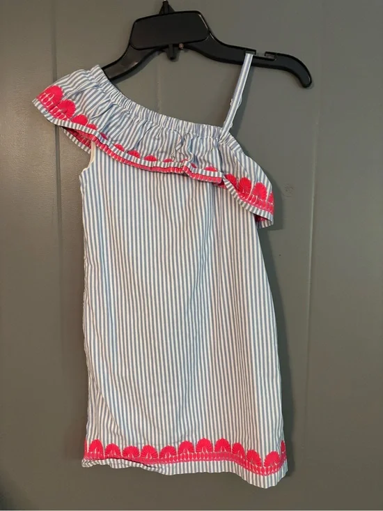 Vineyard Vines Blue & White Stripe One-Shoulder Dress with Pink Trim