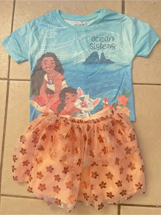 Disney Kids Moana Blue Tee with Peach Floral Tulle Skirt