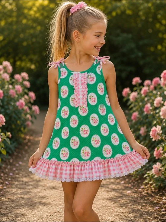 SweetHoney Green Floral Medallion Ruffle Dress Pink Gingham Girls 8Y