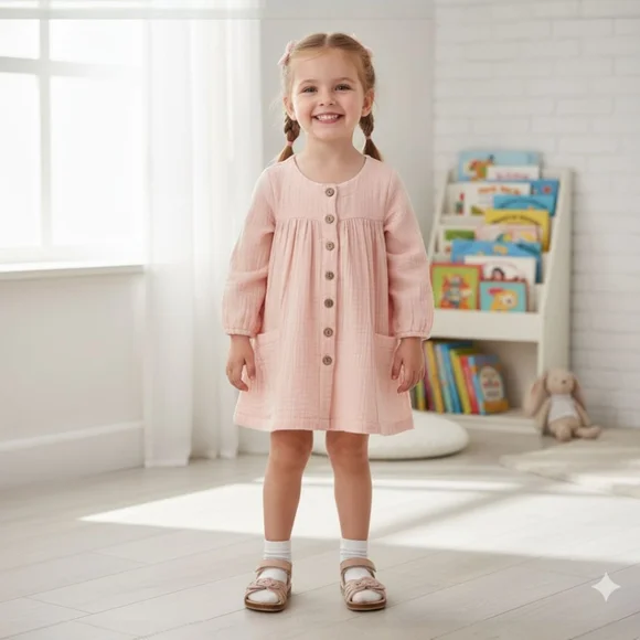 Toddler Girl Light Pink Button-Down Muslin Dress Long Sleeve Boho Cottagecore