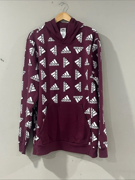 adidas Maroon and White Logo Allover Hoodie
