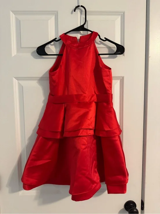 Red Satin Tiered Halter Pageant Dress