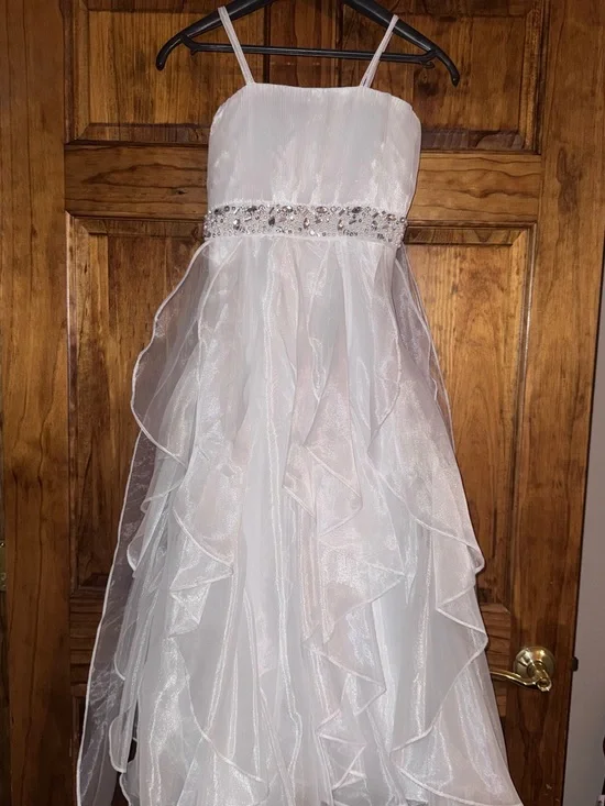 White Ruffled Tulle Party Dress for Girls with Jeweled Waist