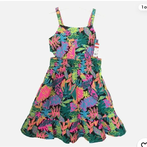 1. Girls Sundress - Tropical Foliage Print Dress - Black w Bright Colors