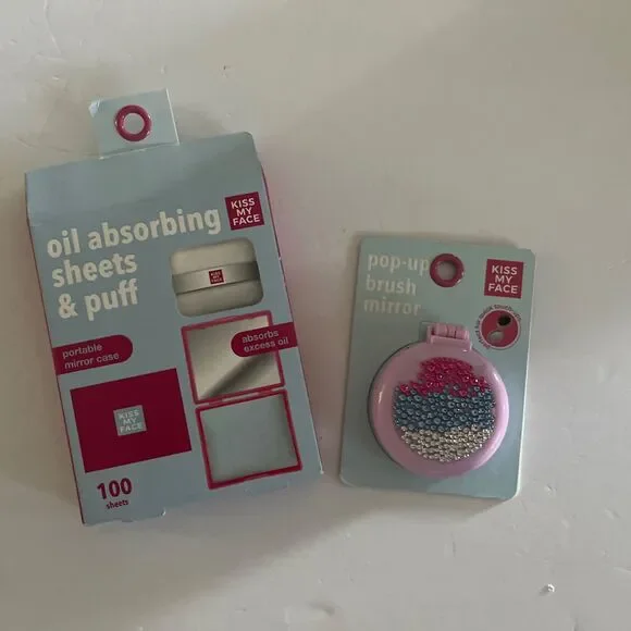 Kiss My Face Blotting Paper 100 Oil Absorbing Sheets , Puff,Mirror Pop Up Brush