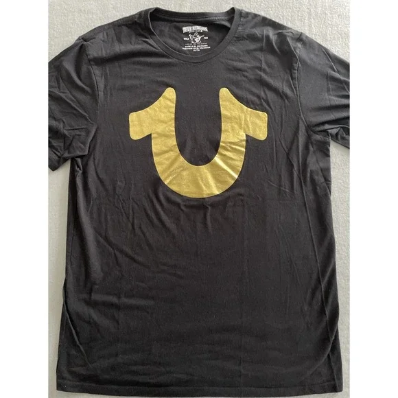True Religion Men Shirt XL Black Gold Foil Horses Short‎ Sleeve Crew Neck Tee