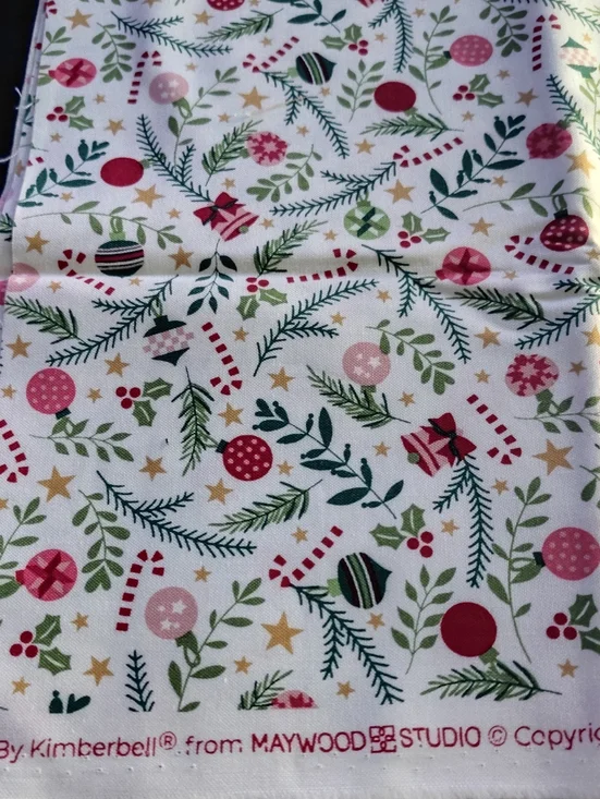 Holiday Ornaments Cotton Fabric - White with Red & Green Print 44 Wide 1/2 Yard