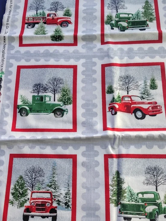 Holiday Vintage Trucks Fabric Panel - Red & Green 44 Wide By 1/2 Yard 24 Trucks
