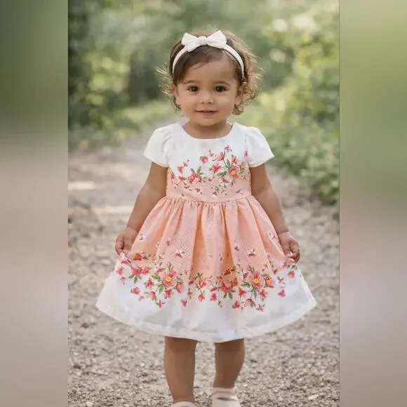 Nannette Peach and White Floral Kids Dress Sz.18 M #1823