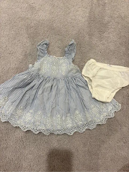 BabyGAP Blue & White Striped Eyelet Baby Dress with Bloomer 18 mo