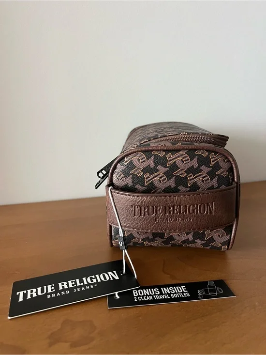 NWT True Religion Monogram Travel Toiletry Bag Dopp Kit + 2 Travel Bottles
