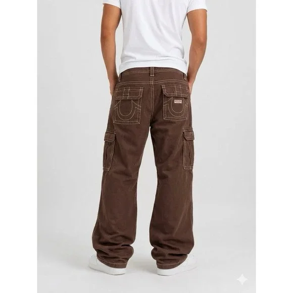 True Religion Baggy Cargo Pants 31 Brown Contrast Stitch Horseshoe Y2K Hip Hop