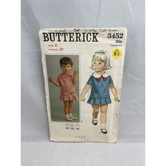 3452 Butterick Vintage Sewing Pattern Size 2 One Piece Back Button Dress Toddler