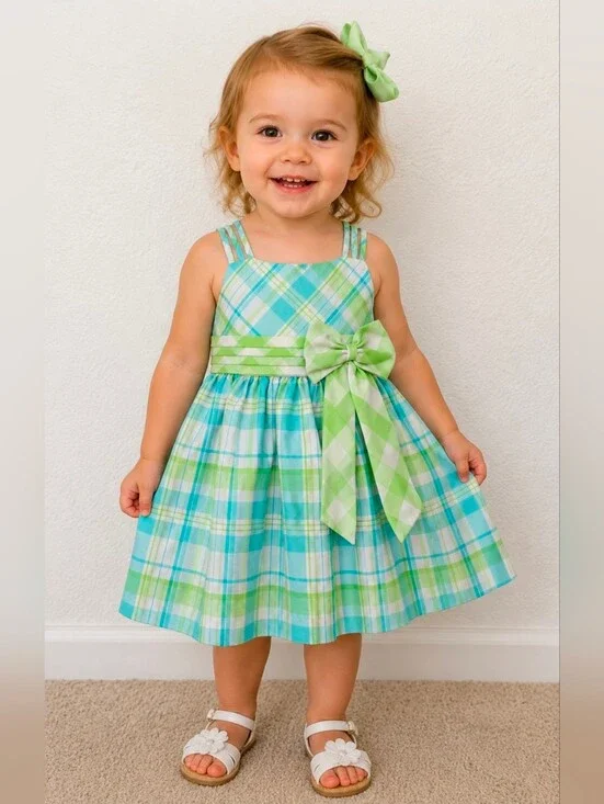 Bonnie Jean Toddler's Pastel Colored Plaid Bow Sundress- Size 2T