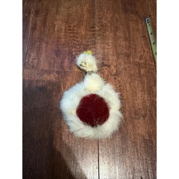 Vintage White Rabbit Fur Swan Pin Cushion Red Velvet Center Sewing Accessory
