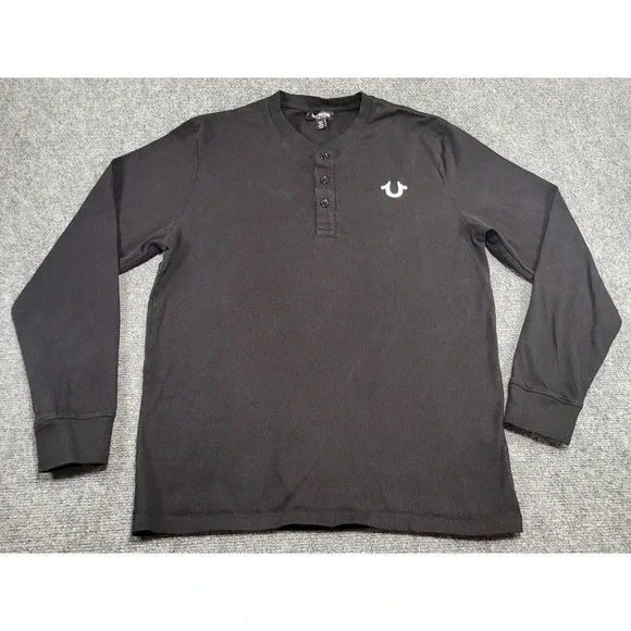 True Religion Men's Branded Henley Long Sleeve Black T-Shirt Size Large