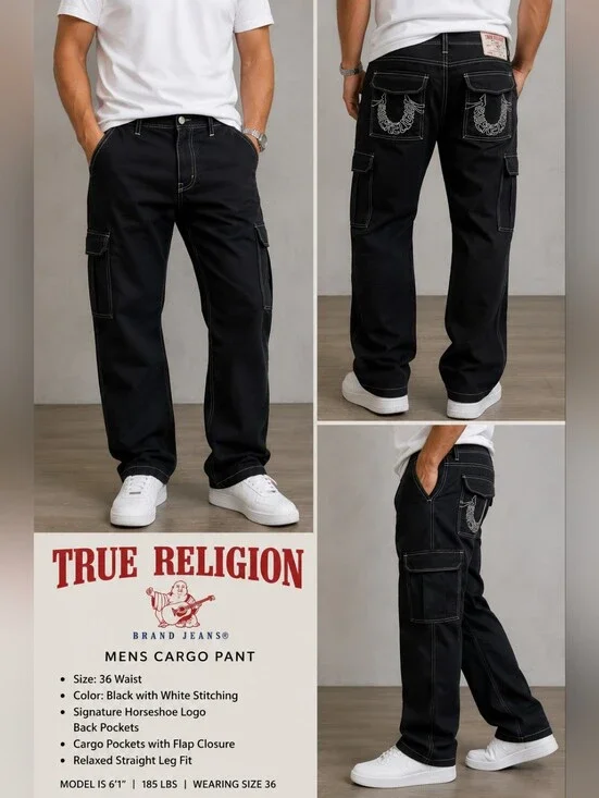 NWT True Religion Men's Cargo Pants  36x32 Black Contrast Stitch Straight Leg