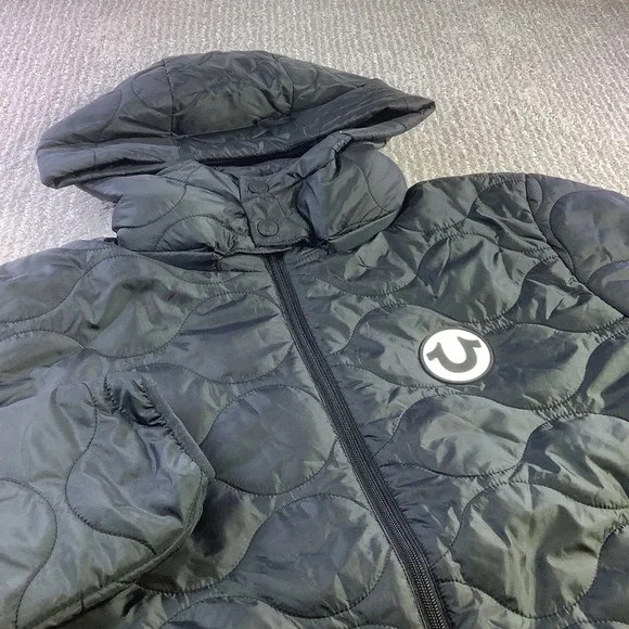 True‎ Religion Onion Quilt Puffer Jacket Black XL Detatchable Hood Full Zip NWT
