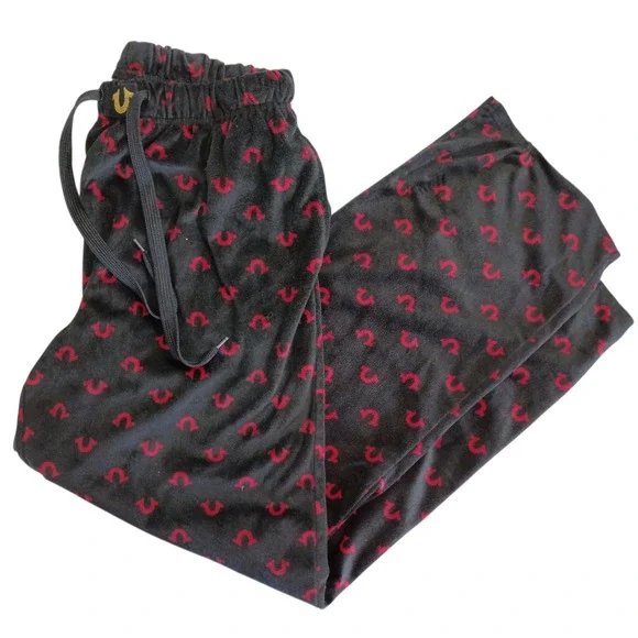 True Religion Mens Velour Pajama Pants Black Red Horseshoe Monogram Large Lounge