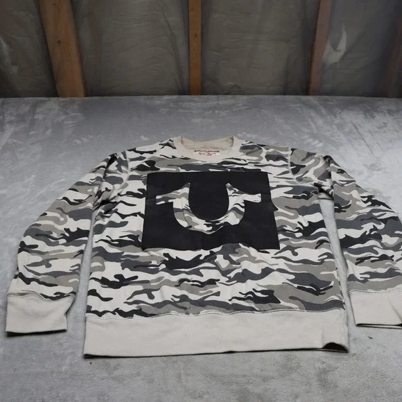 True Religion Sweatshirt Mens Medium White Camo‎ Graphic Crewneck Pullover READ