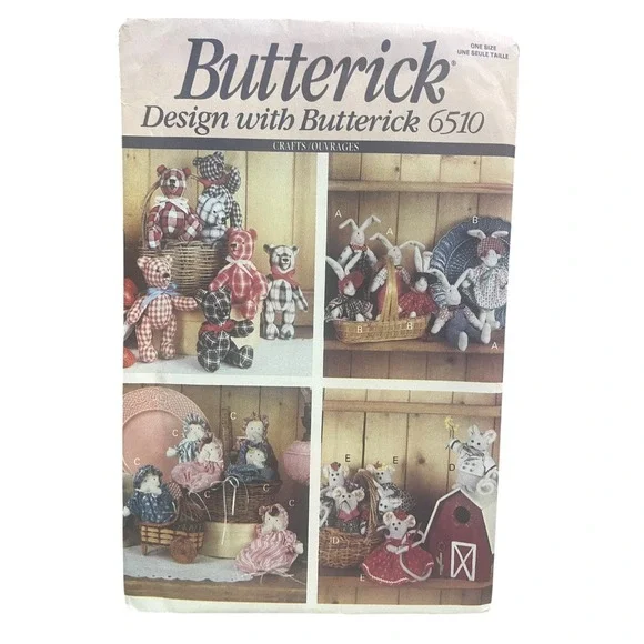 Butterick 6510 Stuffed Animals Crafts Bear Bunny Mouse Doll ONE SIZE Vintage