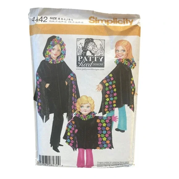 Simplicity 4442 Poncho Hooded Flowers Misses S-L Child S-L Sewing Pattern