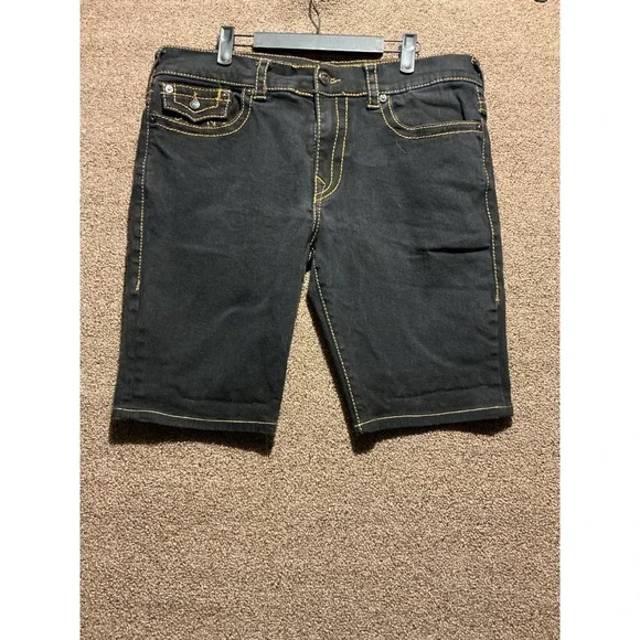True Religion Ricky Flap Shorts Mens 36 Black Relaxed Fit Stretch Denim Bermuda