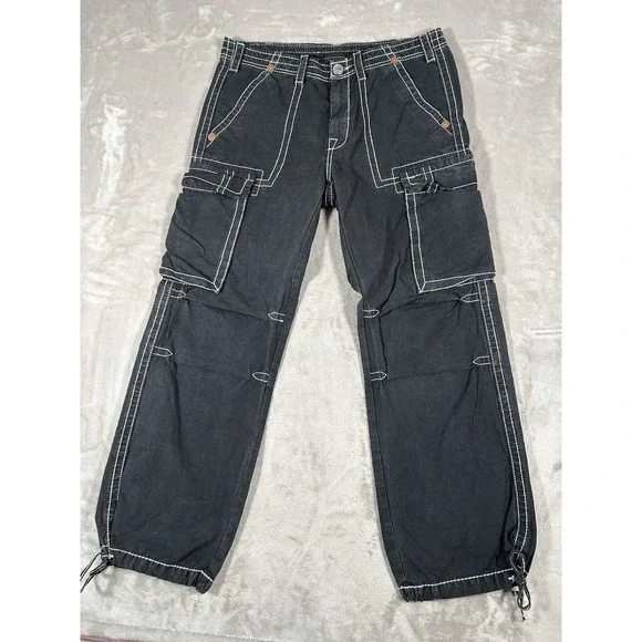 True Religion Anthony Cargo Pants Mens 34x32 Black Flap Pockets Wide Leg Y2K VTG