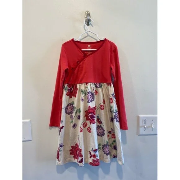 Tea collection girls long sleeve dress size 7 floral and bird print China Asia