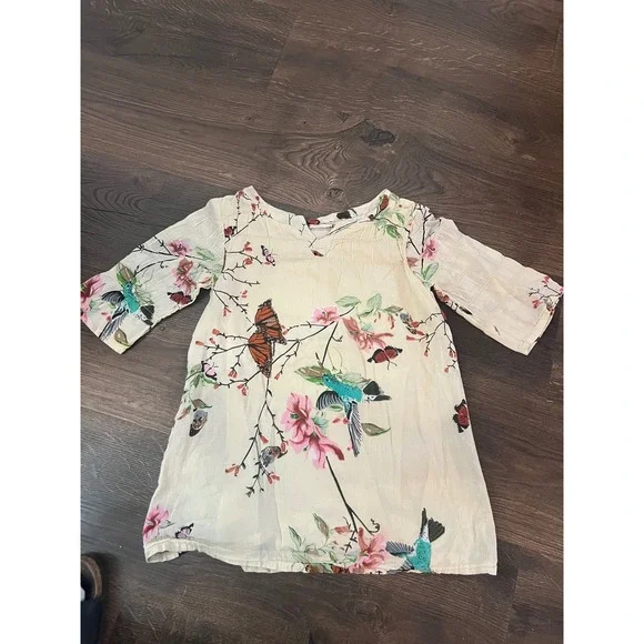 Peek Kids Girls Cream Hummingbird Butterfly Floral Cotton Tunic Dress Size 4-5